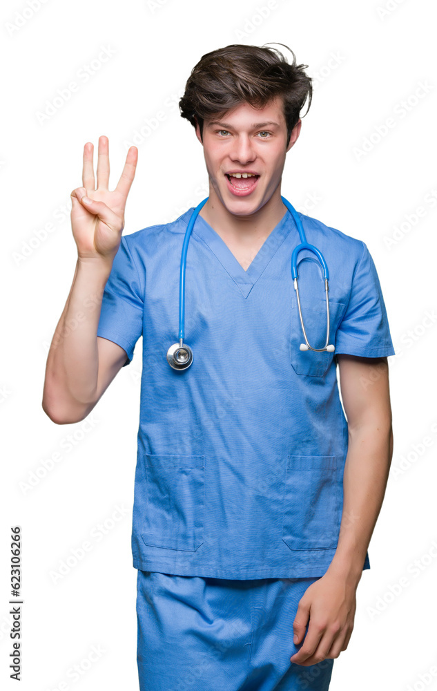 Young doctor wearing medical uniform over isolated background showing and pointing up with fingers number three while smiling confident and happy. Young doctor wearing medical uniform over isolated background showing and pointing up with fingers number three while smiling confident and happy.