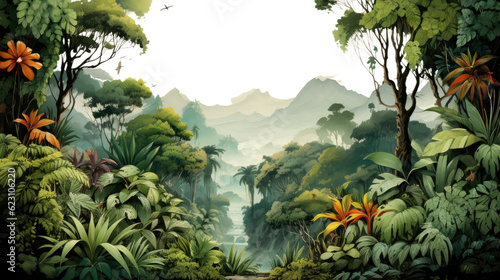 A vibrant jungle painting with lush trees and blooming flowers Transparent background.