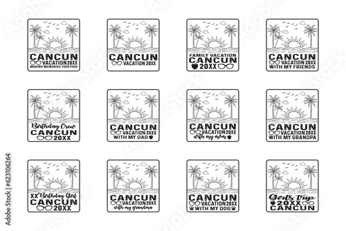 Cancun Vacation 2023 Mexico Beach vintage Retro sunset T-shirt Design, with my family,friends enjoy summer Vibes Memories Together shirt poster print item, typography style svg cut file
