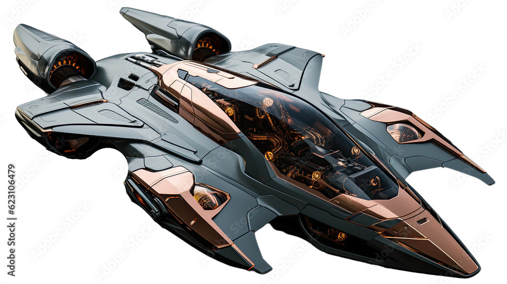 A futuristic flying vehicle model. Modern design and colors. Transparent background.