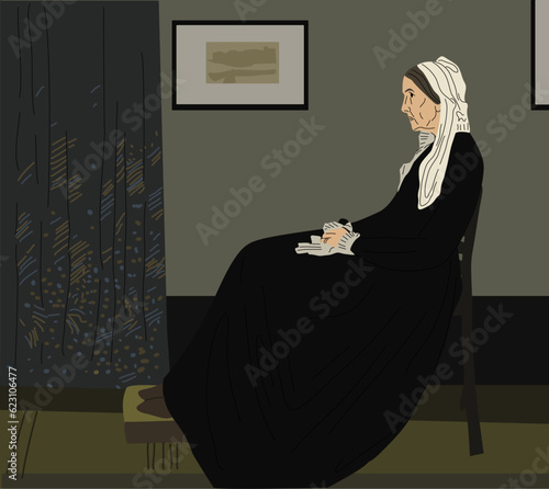 Whistler's Mother in vector. Vector illustration. An elderly woman is sitting on a chair. Famous picture. American artist. Mother in black dress. In a white scarf. woman sitting in the 