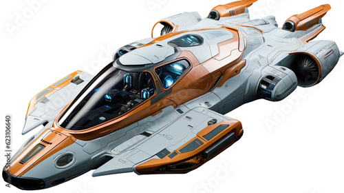 An orange and white model of a super speed space ship. Transparent background