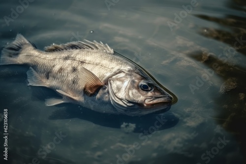 dead fish in the water, Photographic Close-Up of a Dead Fish Drifting on the Water Surface, Bathed in Natural Light Amidst Oiled Waters