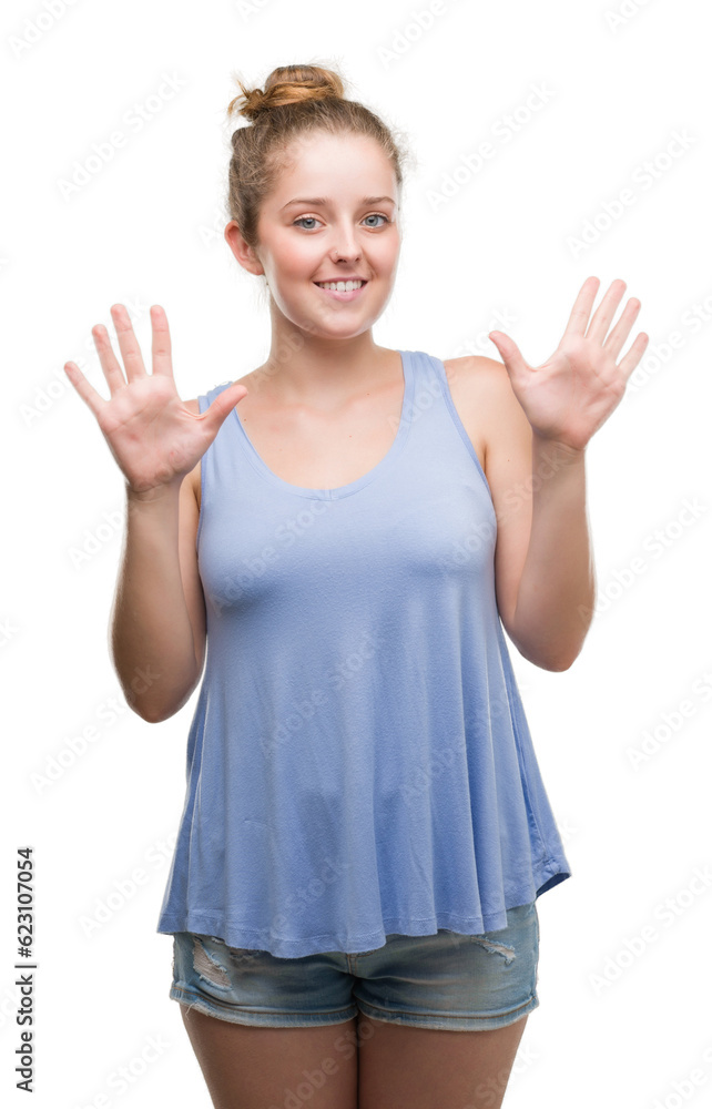 Young blonde woman showing and pointing up with fingers number ten while smiling confident and happy. Young blonde woman showing and pointing up with fingers number ten while smiling confident and happy.