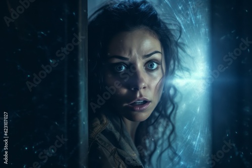 A terrified woman peering through a cracked door. Concept suspense and anticipation for a horror-themed event. Generative AI