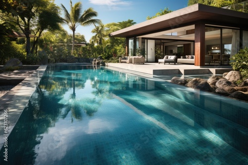 Exterior of a modern house and swimming pool. Generative AI © kardaska