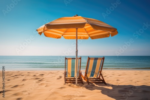 Chairs and umbrella on the beach on island vacation holiday, Beach summer relax in the sun. Generative AI © kardaska