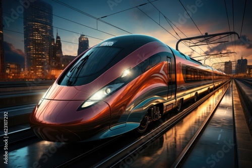 High-speed train traffic on rails. Generative AI