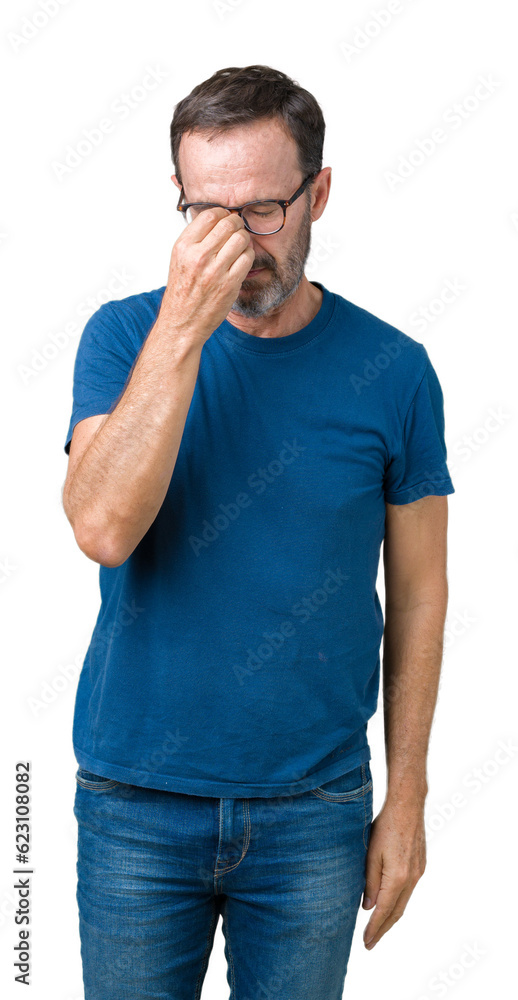 Handsome middle age hoary senior man wearin glasses over isolated background tired rubbing nose and eyes feeling fatigue and headache. Stress and frustration concept. Handsome middle age hoary senior man wearin glasses over isolated background tired rubbing nose and eyes feeling fatigue and headache. Stress and frustration concept.