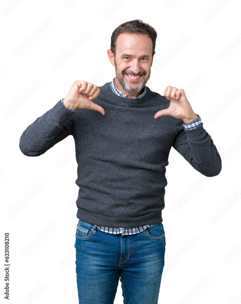 Handsome middle age senior man wearing a sweater over isolated background looking confident with smile on face, pointing oneself with fingers proud and happy. Handsome middle age senior man wearing a sweater over isolated background looking confident with smile on face, pointing oneself with fingers proud and happy.