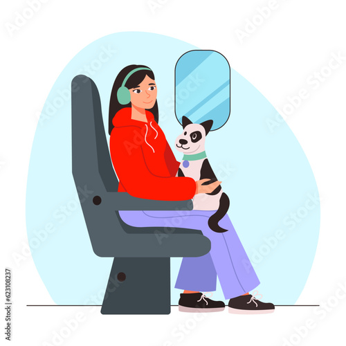 Woman in headphones with a dog sits in a plane or train. Traveling. Vector graphic.