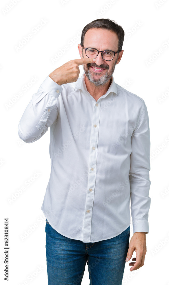 Handsome middle age elegant senior business man wearing glasses over isolated background Pointing with hand finger to face and nose, smiling cheerful Handsome middle age elegant senior business man wearing glasses over isolated background Pointing with hand finger to face and nose, smiling cheerful
