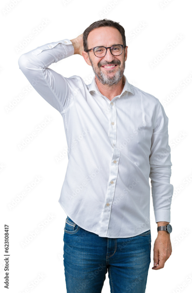 Handsome middle age elegant senior business man wearing glasses over isolated background Smiling confident touching hair with hand up gesture, posing attractive Handsome middle age elegant senior business man wearing glasses over isolated background Smiling confident touching hair with hand up gesture, posing attractive