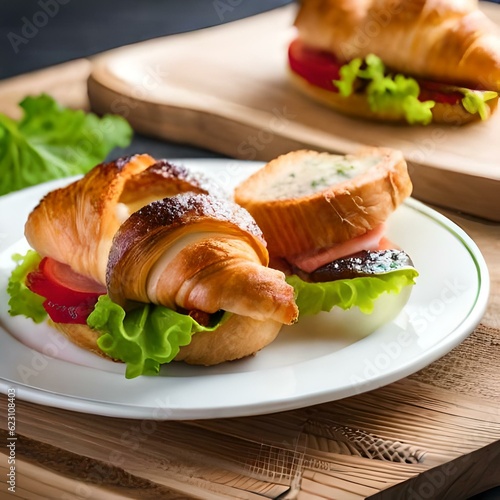 Breakfast Coffee and croissant with pieces of fish and meat with lettuce leaves on a neutral background created and generated by AI