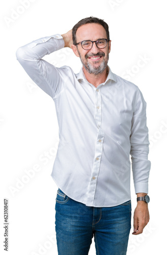 Handsome middle age elegant senior business man wearing glasses over isolated background Smiling confident touching hair with hand up gesture, posing attractive © Krakenimages.com