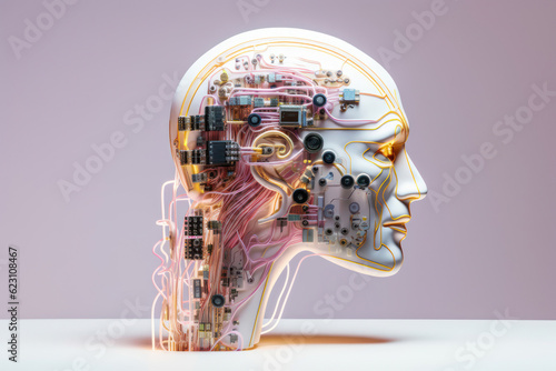 Tête humaine  de profil avec un cerveau connecté avec des circuits imprimés symbolisant l'intelligence artificielle et l'homme augmenté sur un fond pastel photo