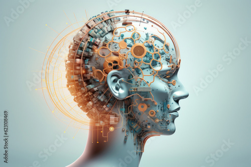 Tête humaine  de profil avec un cerveau connecté avec des circuits imprimés symbolisant l'intelligence artificielle et l'homme augmenté sur un fond pastel photo