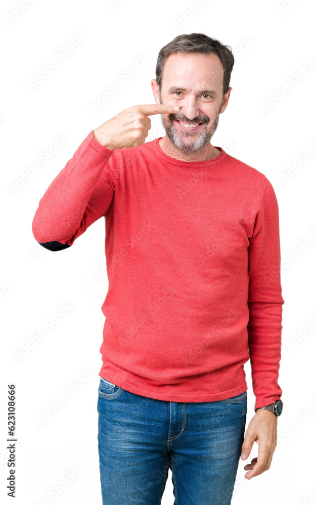 Handsome middle age hoary senior man wearing winter sweater over isolated background Pointing with hand finger to face and nose, smiling cheerful Handsome middle age hoary senior man wearing winter sweater over isolated background Pointing with hand finger to face and nose, smiling cheerful