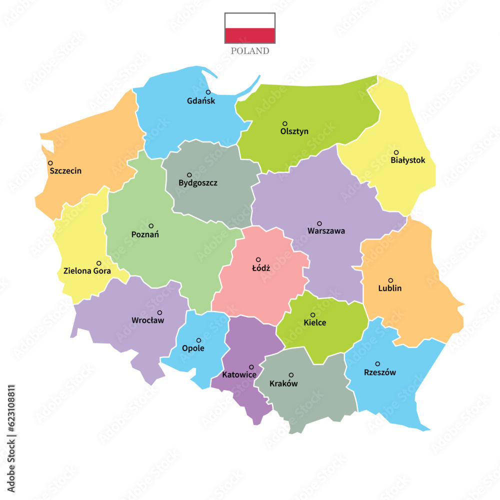 Poland maps background with regions, region names and cities in color, flag. Poland map isolated on white background. Vector illustration map europe - obrazy, fototapety, plakaty 