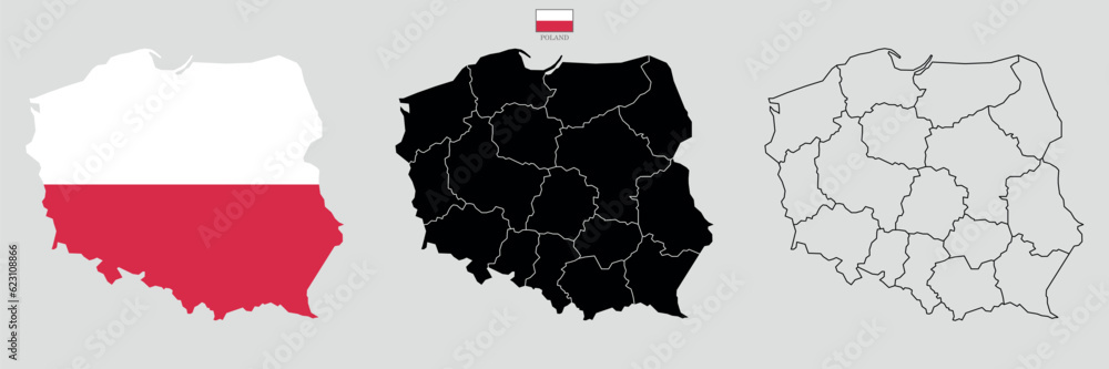 Three Poland map background with states. Poland map isolated on white background with flag. Vector illustration map europe