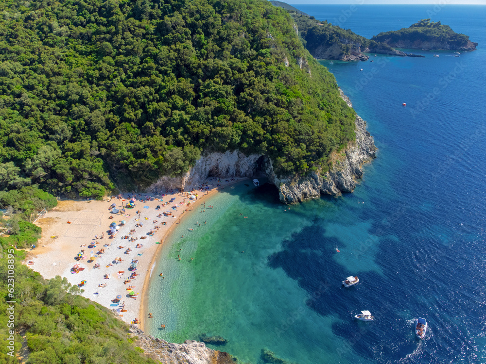Aerial view of Rovinia Beach in Liapades Corfu Greece
