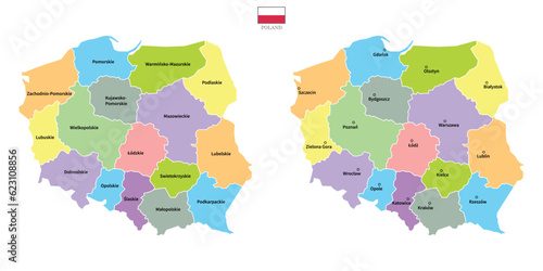 Two Poland maps background with regions, region names and cities in color, flag. Poland map isolated on white background. Vector illustration map europe
