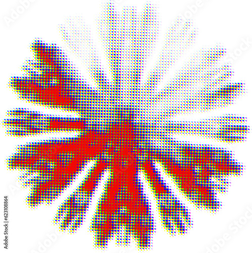 A halftone polka dot mandala with an optical blur (far-near) effect that shifts the CMYK spectrum with a smoky red predominance. Selecting the upper right sector with lightening.