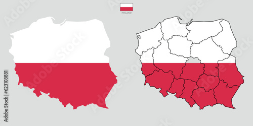 Two Poland map background with states. Poland map isolated on white background with flag. Vector illustration map europe