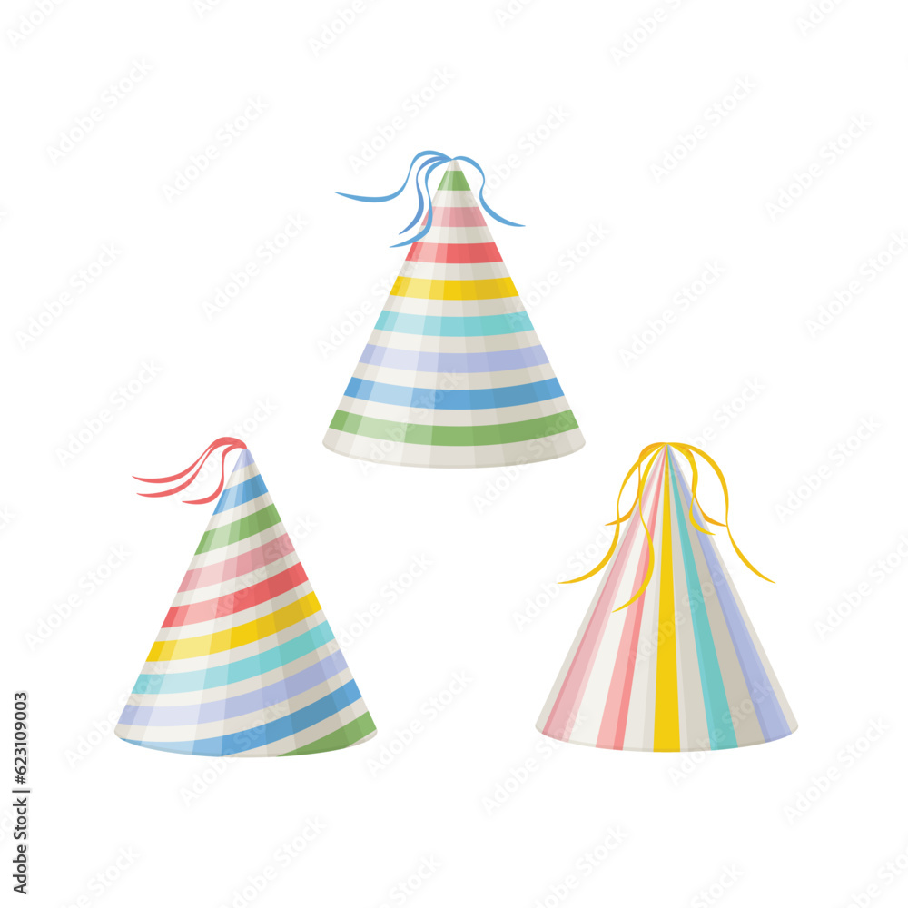 A festive cap. A set of colorful holiday hats. with beautiful patterns. A collection of festive accessories. Birthday, party, holiday. Vector illustration in cartoon style. A festive cap. A set of colorful holiday hats. with beautiful patterns. A collection of festive accessories. Birthday, party, holiday. Vector illustration in cartoon style.
