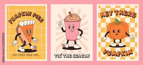 Funny Retro Fall greeting card with retro cartoon Pumpkin Character in groovy 70s Vintage Style. Happy Autumn Illustration with pumpkin spice latte and pumpkin pie. Contour vector illustration.