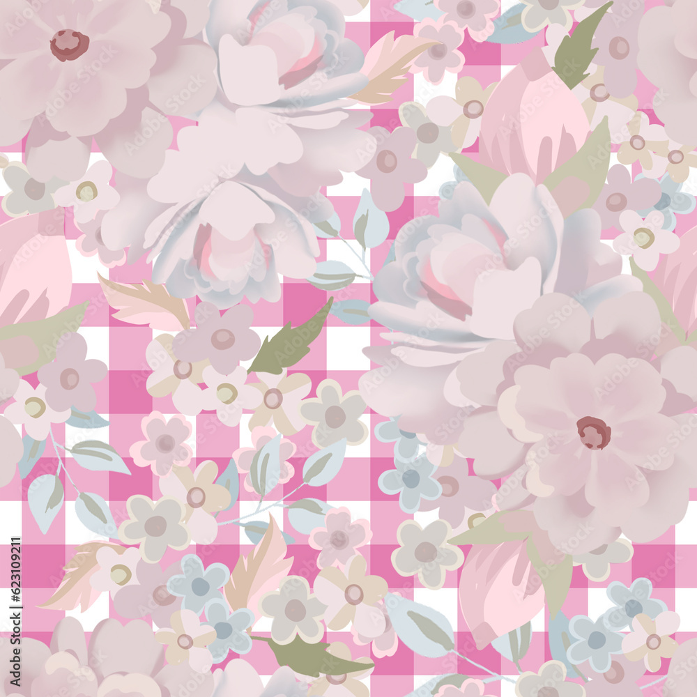 Bouquet of roses with botanical blossom flowers on plaid background for textile fashion