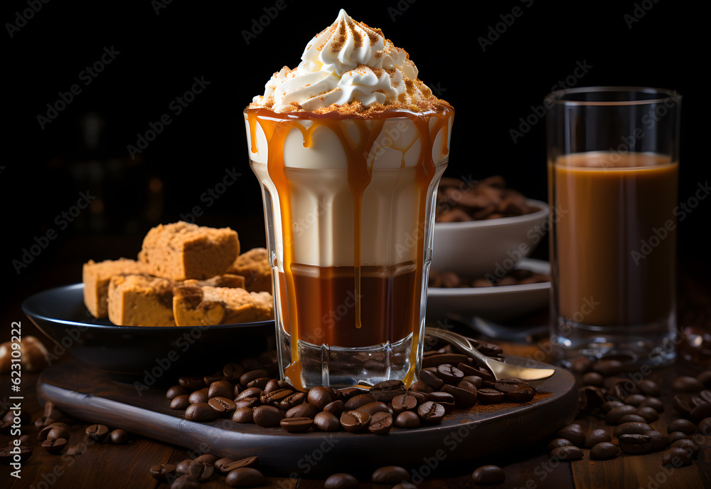 Coffee with whipped cream in a glass on a wooden table Coffee with whipped cream in a glass on a wooden table