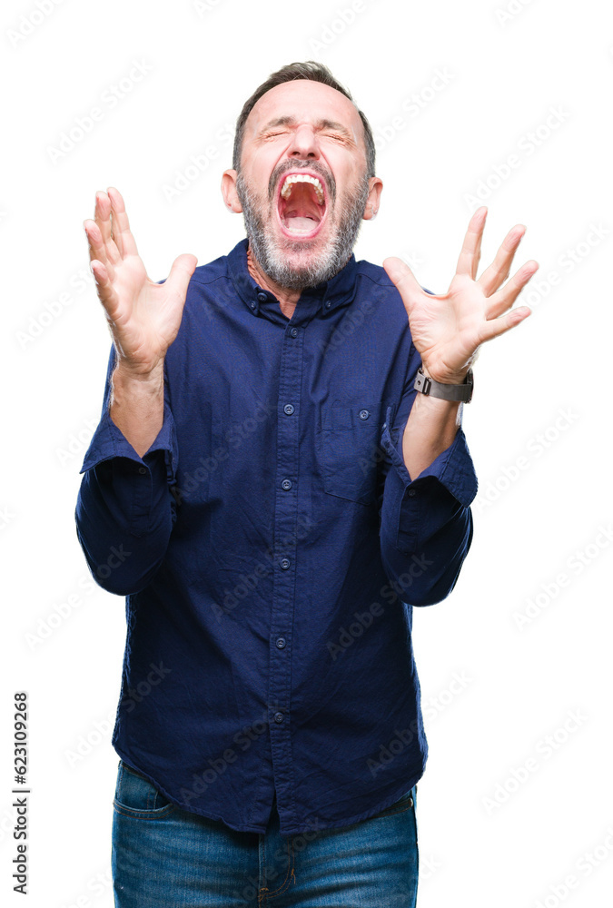 Middle age hoary senior man over isolated background celebrating mad and crazy for success with arms raised and closed eyes screaming excited. Winner concept Middle age hoary senior man over isolated background celebrating mad and crazy for success with arms raised and closed eyes screaming excited. Winner concept