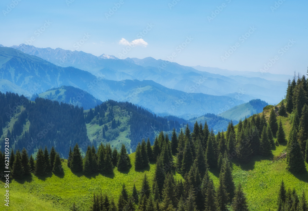 Beautiful summer mountain landscape with a blue smoke and forest. Kazakhstan Almaty, Aktas Plateau