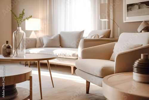 Close up of wooden round coffee table near beige fabric mid-century armchair. Scandinavian style home interior design of modern living room. Created with generative AI