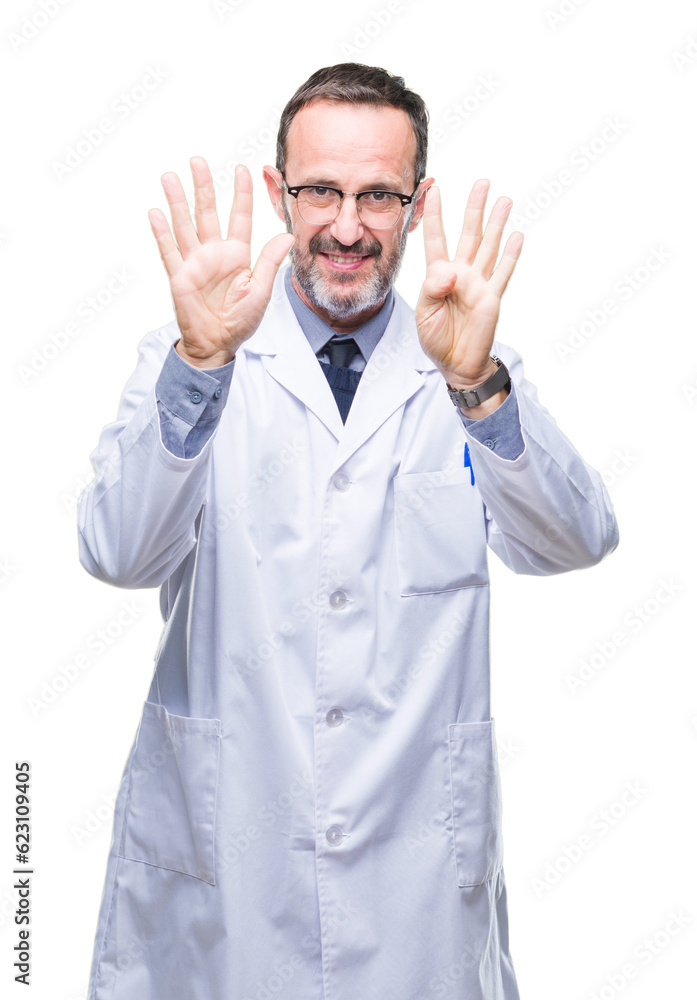 Middle age senior hoary professional man wearing white coat over isolated background showing and pointing up with fingers number nine while smiling confident and happy. Middle age senior hoary professional man wearing white coat over isolated background showing and pointing up with fingers number nine while smiling confident and happy.