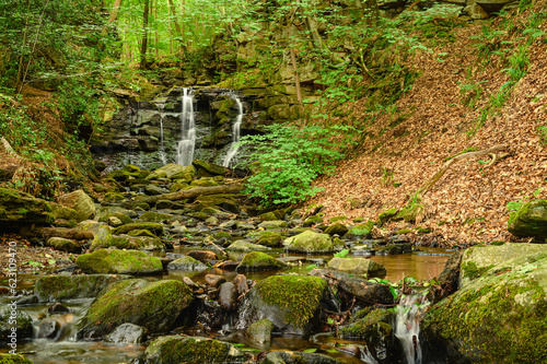 Wharnley Burn Falls prior to River Derwent, a beautiful waterfall at Allensford near Consett, County Durham, the burn is a tributary of the River Derwent and well hidden in woodland