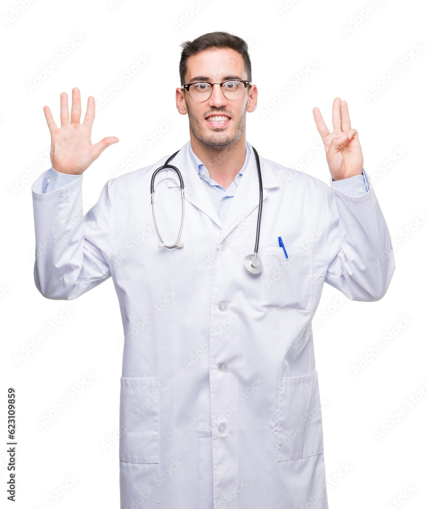 Handsome young doctor man showing and pointing up with fingers number eight while smiling confident and happy. Handsome young doctor man showing and pointing up with fingers number eight while smiling confident and happy.