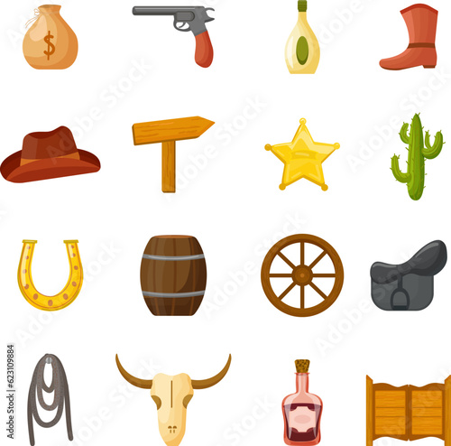 Saloon icons set cartoon vector. Western pub. Wild salon