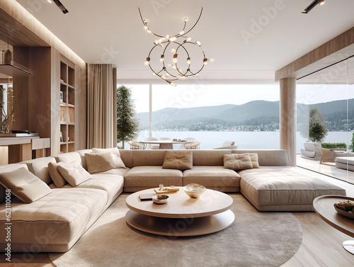 Photo Cozy beige sofa in spacious room with terrace