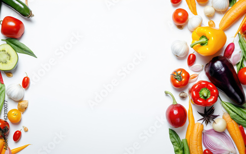 Colorful vegetables which make up a blank background, in the style of monochrome abstraction, light gray, shaped canvas, aerial view, subtle minimalism, sheet film, white background AI Generative
