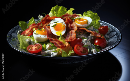 Bacon, egg and lettuce salad, in the style of dark blue and gray, bold and striking, light silver and sky-blue, 32k uhd, nostalgic atmosphere, dark white and light black, utilizes AI Generative