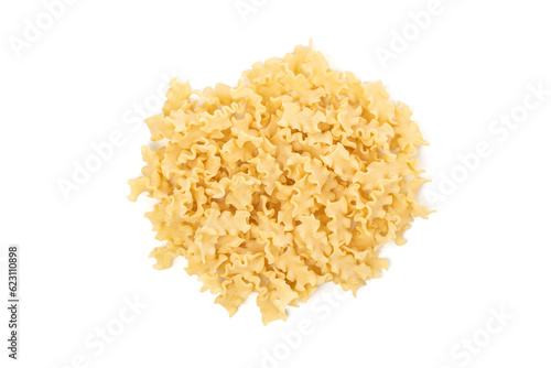 Pile of dried mini lasagna noodles on top of a white background in studio