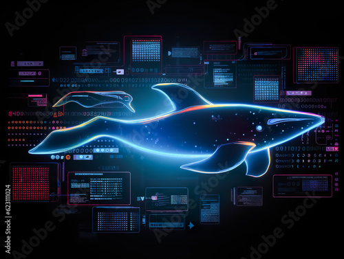 biological systems or science research and big data information technology with whale fish or marine life.digital field stream.generative ai images photo