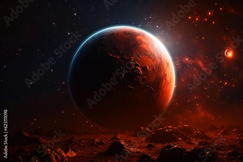 Moon, space or planets with surface landscape in night universe, galaxy or solar system in armageddon. Ai generated, background or futuristic cosmos in orbit, dark sky or astronomy atmosphere