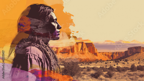 Fotografie, Obraz Colorful collage of Native American Indian man and southwest desert canyon