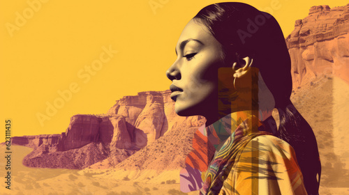 Colorful collage of young Native American Indian woman and desert canyon
