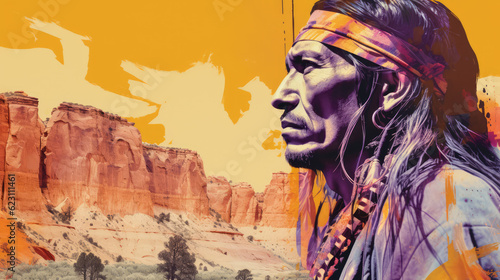 Colorful collage of Native American Indian man and southwest desert canyon