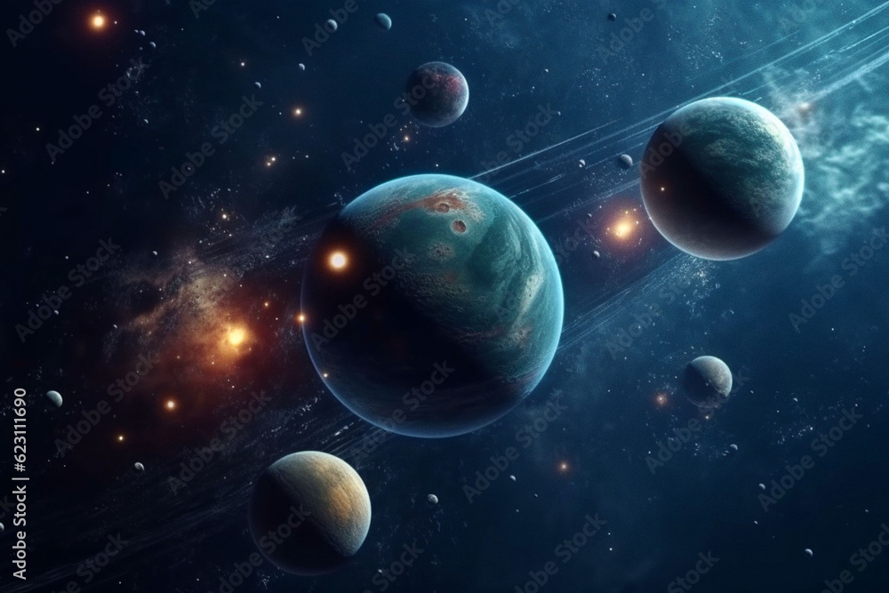 Space, planets and night in solar system, universe and galaxy with jupiter, mars and pluto science. Ai generated, background and futuristic cosmos in dark orbit, dark sky and astronomy atmosphere Space, planets and night in solar system, universe and galaxy with jupiter, mars and pluto science. Ai generated, background and futuristic cosmos in dark orbit, dark sky and astronomy atmosphere