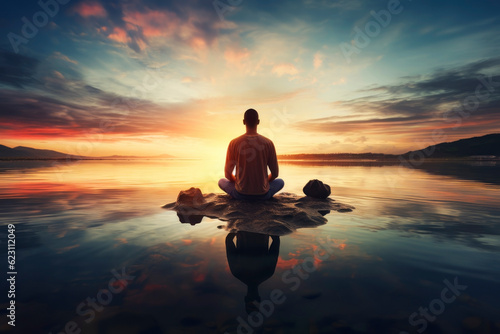 Man in the lotus position at sunset. Generative AI